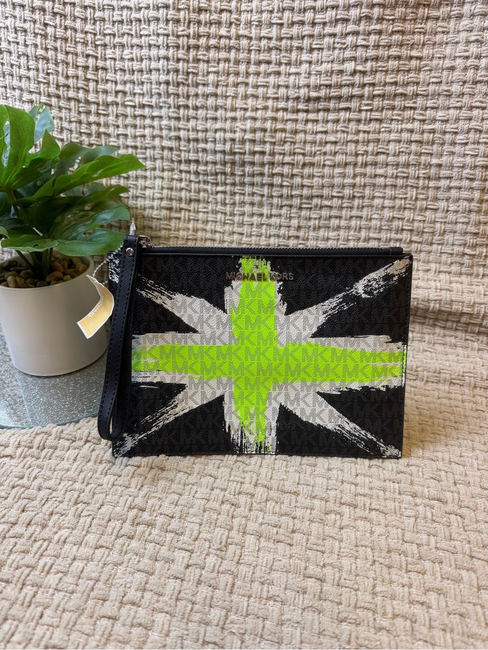 MICHAEL Michael Kors Black, White & Neon Green Wristlet Clutch
